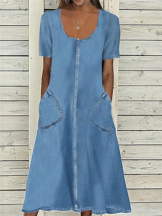 EP | Denim Robe Casual Robe Midi Denim Casual Classic Outdoor Quotidien Vacances U Cou Poche Manches Courtes Eté Printemps Automne AH516