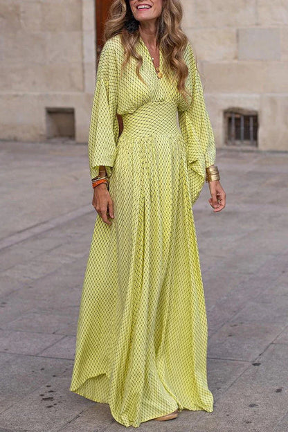 EP | Maxi Vestido Manga Larga Cuello V Estampado Geométrico