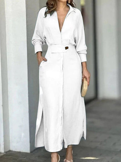 EP | Robe monochrome à la mode en coton et lin avec col en V