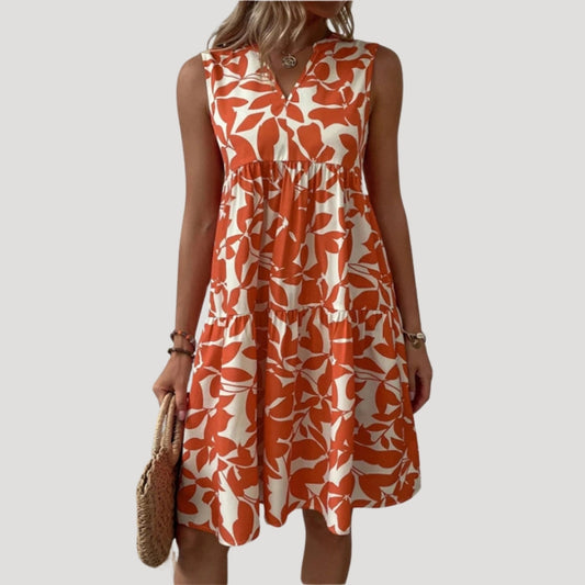 EP | Robe midi étagée sans manches pour femme avec impression de feuilles