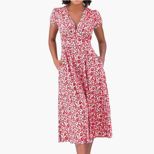 EP | Robe midi fleurie pour femme avec poches et manches courtes
