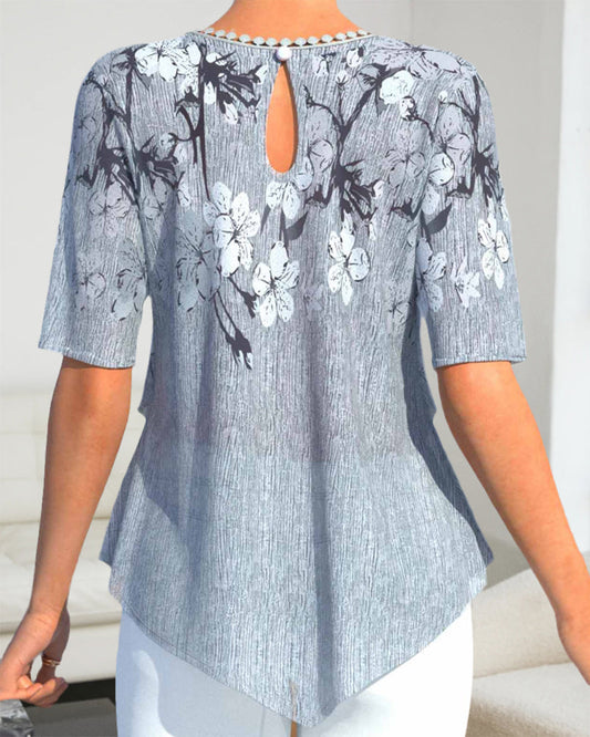 EP | Impression florale Col rond Manches courtes Fronces Tunique Shirt