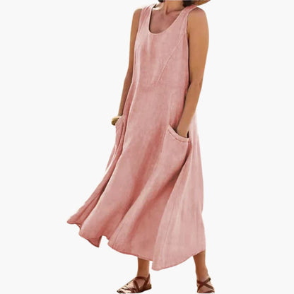 EP | Femmes lin robe midi sans manches avec col rond et poches