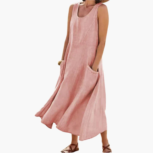EP | Femmes lin robe midi sans manches avec col rond et poches