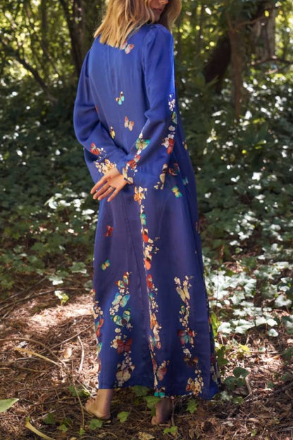 EP | Imprimé Papillon Bleu Marine Robe Longue Manches