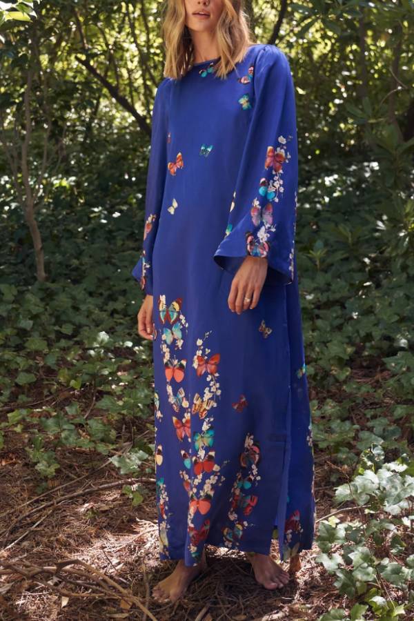 EP | Imprimé Papillon Bleu Marine Robe Longue Manches