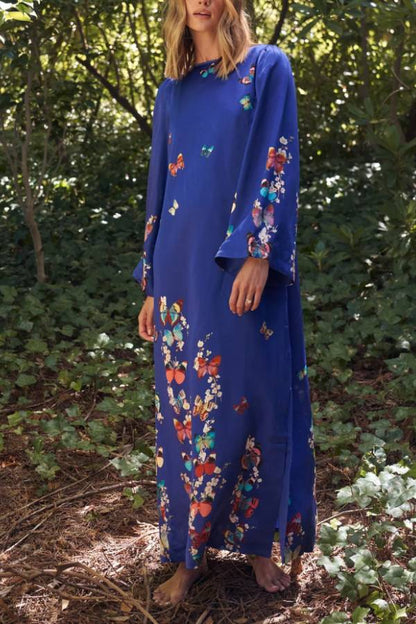 EP | Imprimé Papillon Bleu Marine Robe Longue Manches