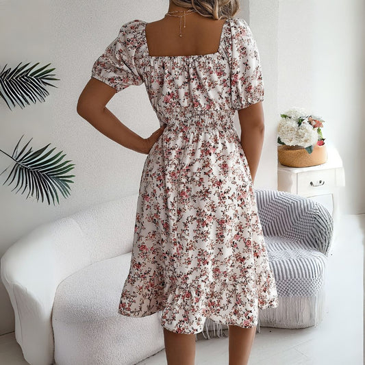 EP | Robe midi élégante à fleurs et manches bouffantes