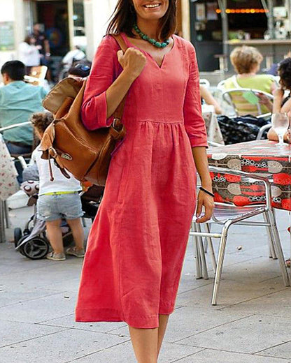 EP | Mélange de lin Robe midi décontractée avec décolleté en V et coupe décontractée