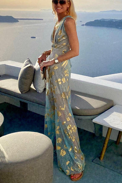 EP | Robe longue avec décolleté en V et paillettes dorées