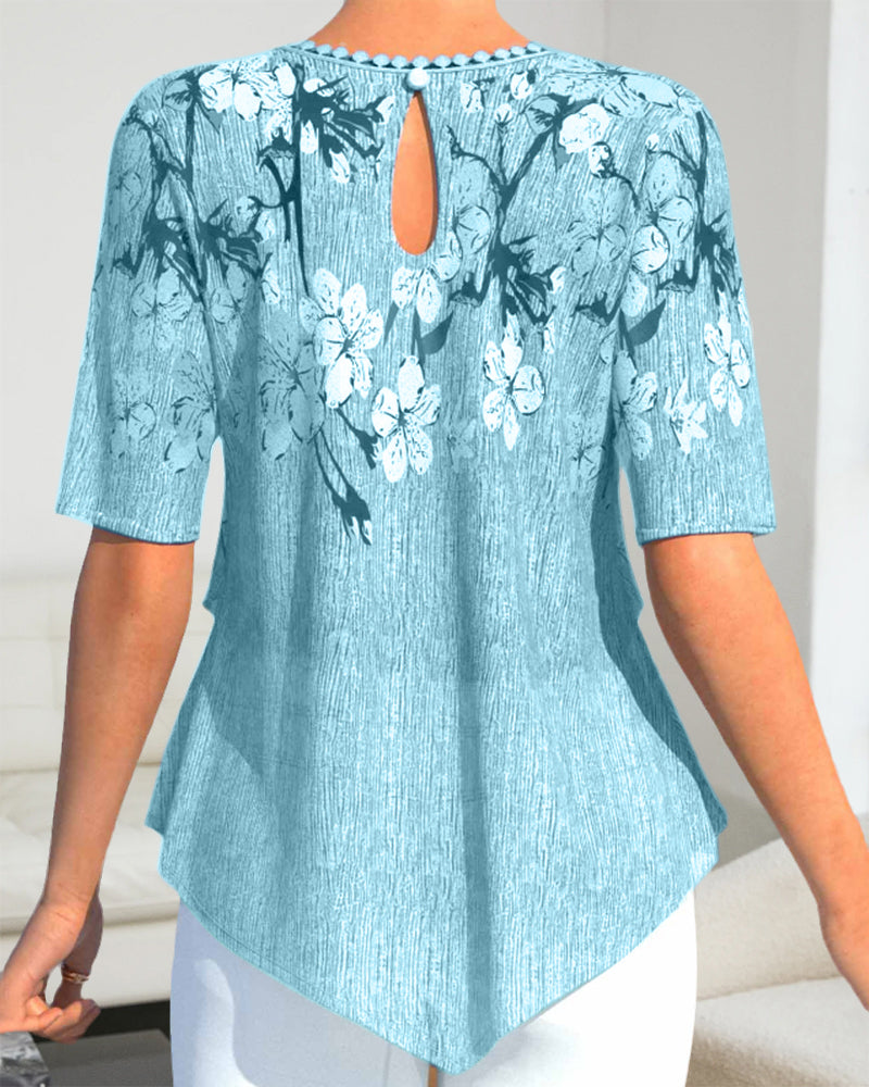EP | Impression florale Col rond Manches courtes Fronces Tunique Shirt