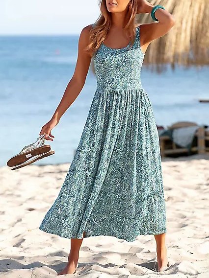 EP | Imprimé Floral Elégant Vacances Plage Robe midi sans manches QPQ66