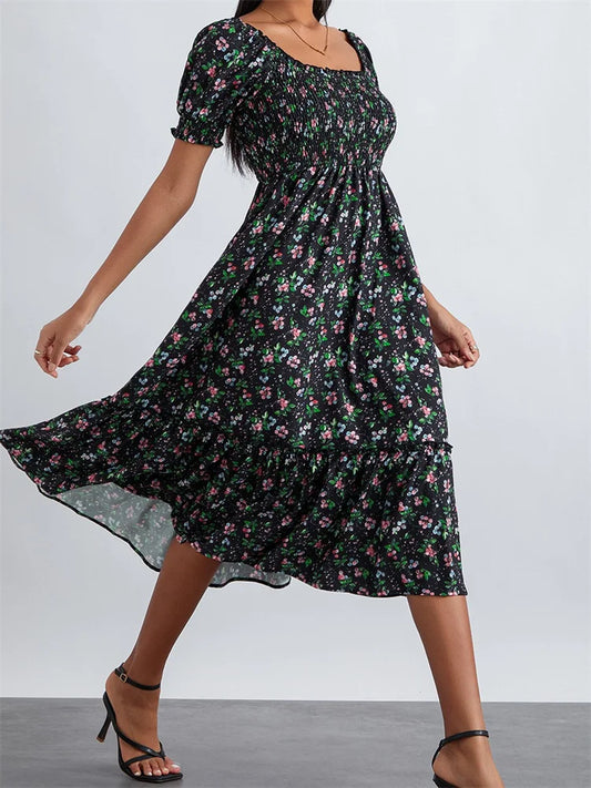 EP | Imprimé floral d'été Encolure carrée Manches courtes bouffantes Robe midi plissée