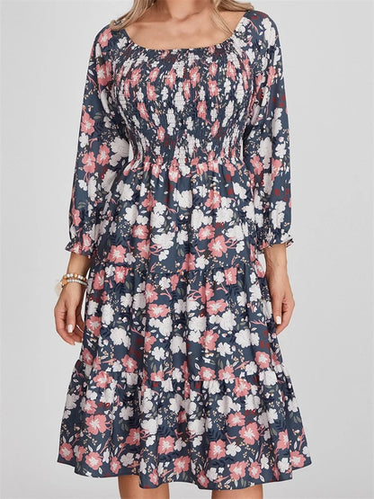 EP | Bohemian Floral Print Robe midi à manches longues et taille haute en ligne A