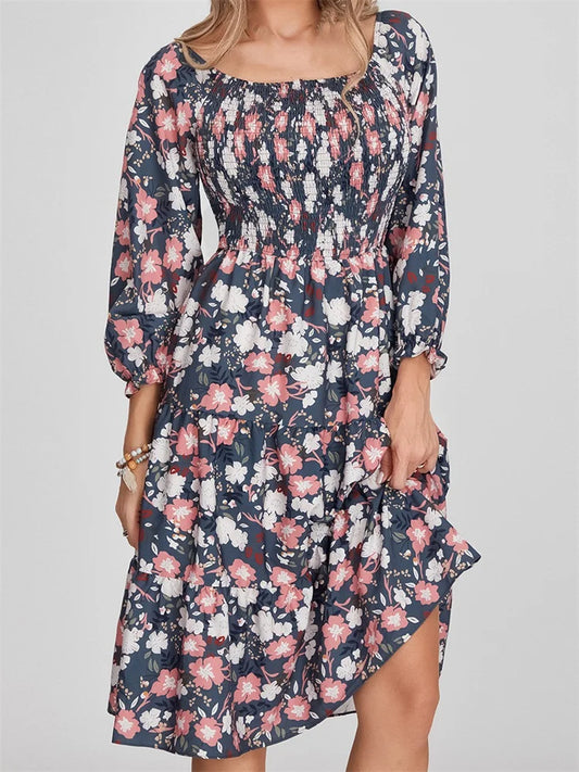 EP | Bohemian Floral Print Robe midi à manches longues et taille haute en ligne A