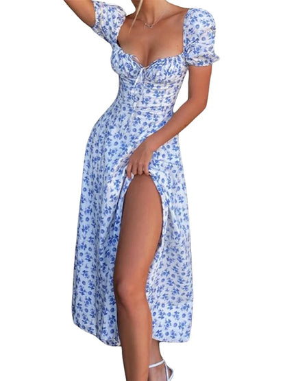 EP | Carré Décolleté Floral Imprimé Lacets Sans Manches Bretelles Spaghetti Robe Midi