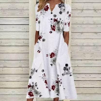 EP | Robe midi pour femme - décolleté en V - boutonnage - manches courtes - imprimé floral papillon - poches