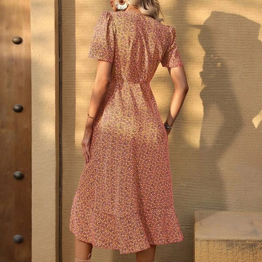 EP | 2024 Elégante robe midi florale en forme de H avec manches bouffantes et décolleté en V