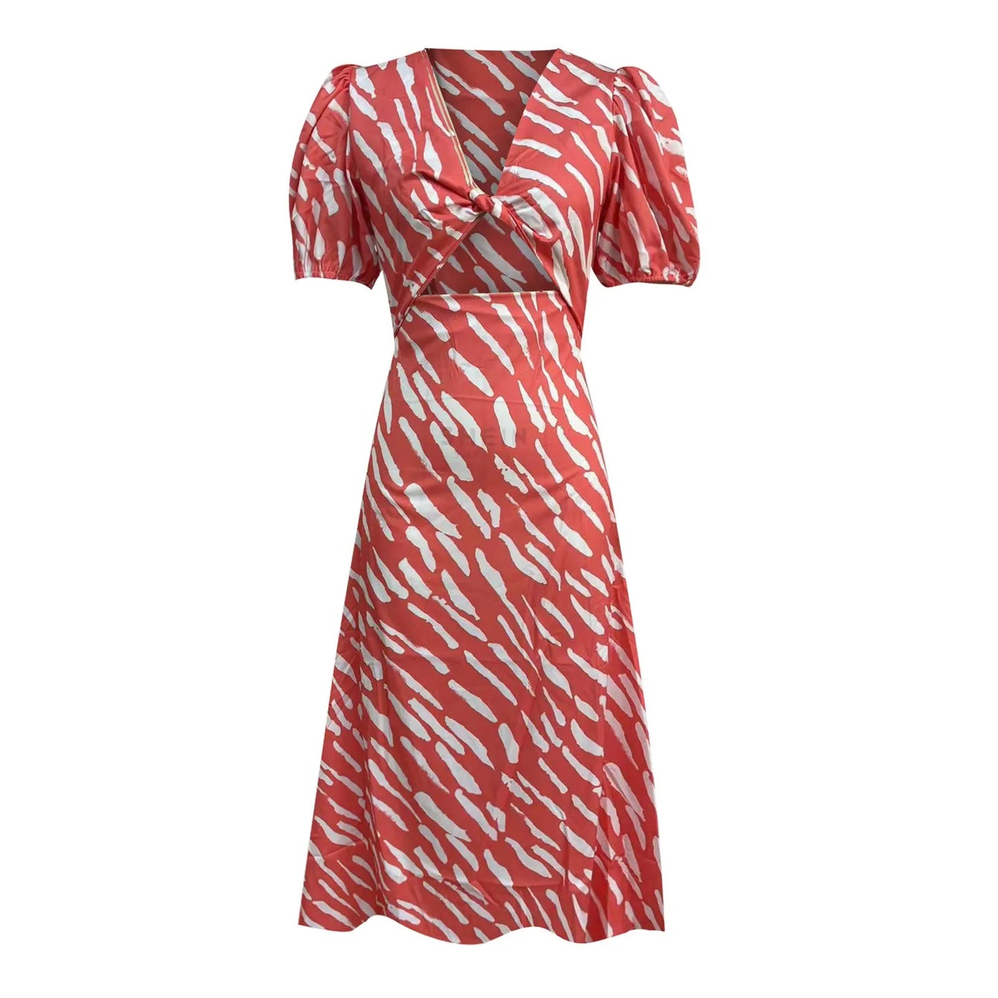 EP | 2024 Elégante robe midi boho rayée col V manches bouffantes
