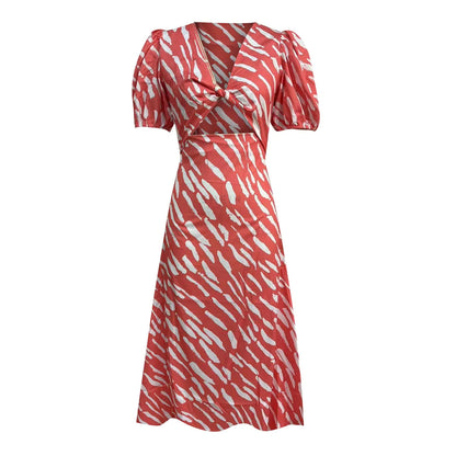 EP | 2024 Elégante robe midi boho rayée col V manches bouffantes
