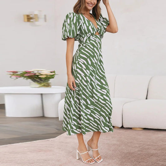 EP | 2024 Elégante robe midi boho rayée col V manches bouffantes