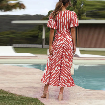 EP | 2024 Elégante robe midi boho rayée col V manches bouffantes