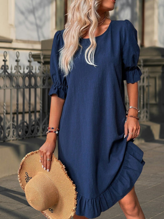 EP | Robe midi intemporelle pour femme, en matière de qualité supérieure, avec une coupe élégante et des manches courtes