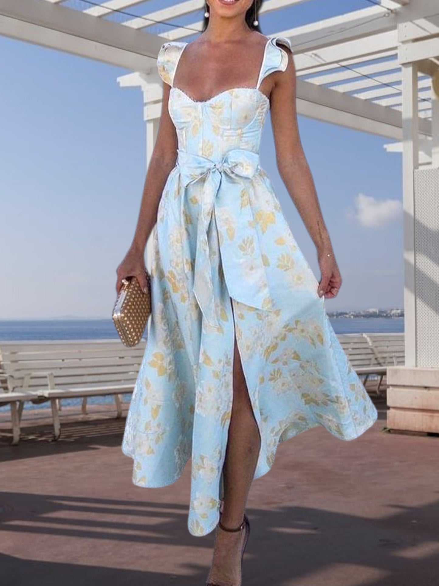 EP | Robe midi fleurie avec cravate à la taille Poids plume