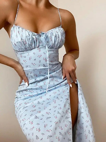 EP | Sans manches Satin Slip Floral Ruché Bandage Découpé Maxi Party Club Robe Midi
