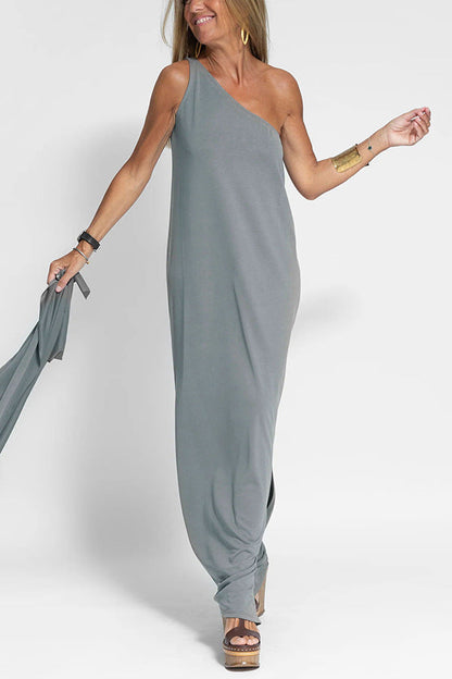EP | Robe midi décontractée sans manches avec une épaule en coton et en lin dans une coupe ample
