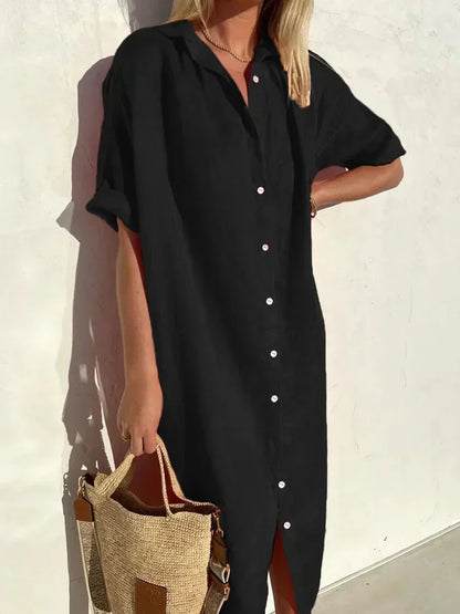 EP | Robe élégante et décontractée pour femme avec manches complètes et boutons Robe en coton et lin
