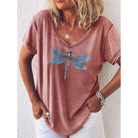 EP | T-shirt décontracté à col en V et manches courtes avec motif libellule