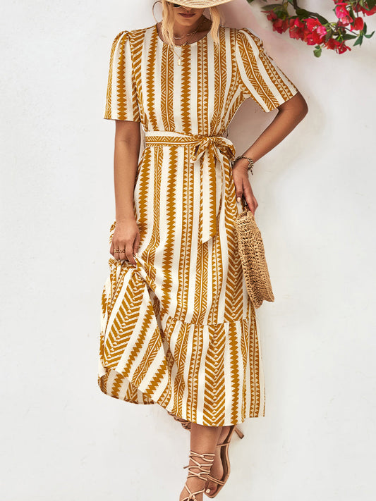 EP | Cravate rayée Ceinture Encolure ronde Manches bouffantes Robe midi