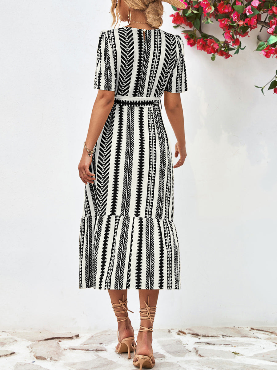 EP | Cravate rayée Ceinture Encolure ronde Manches bouffantes Robe midi
