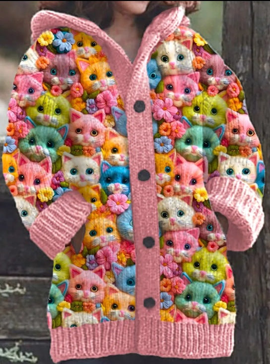 ND | Manteau tricoté avec patte de boutonnage et imprimé chat fantaisie