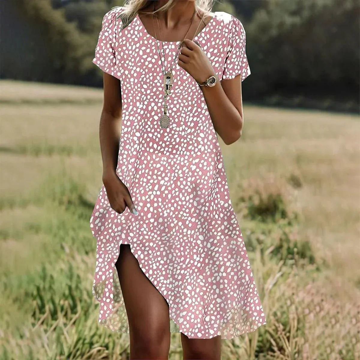EP | Robes d'été bohème pour femmes Col V Manches courtes Fleur imprimée Plage Vacances Robe Femme Maxi Boho