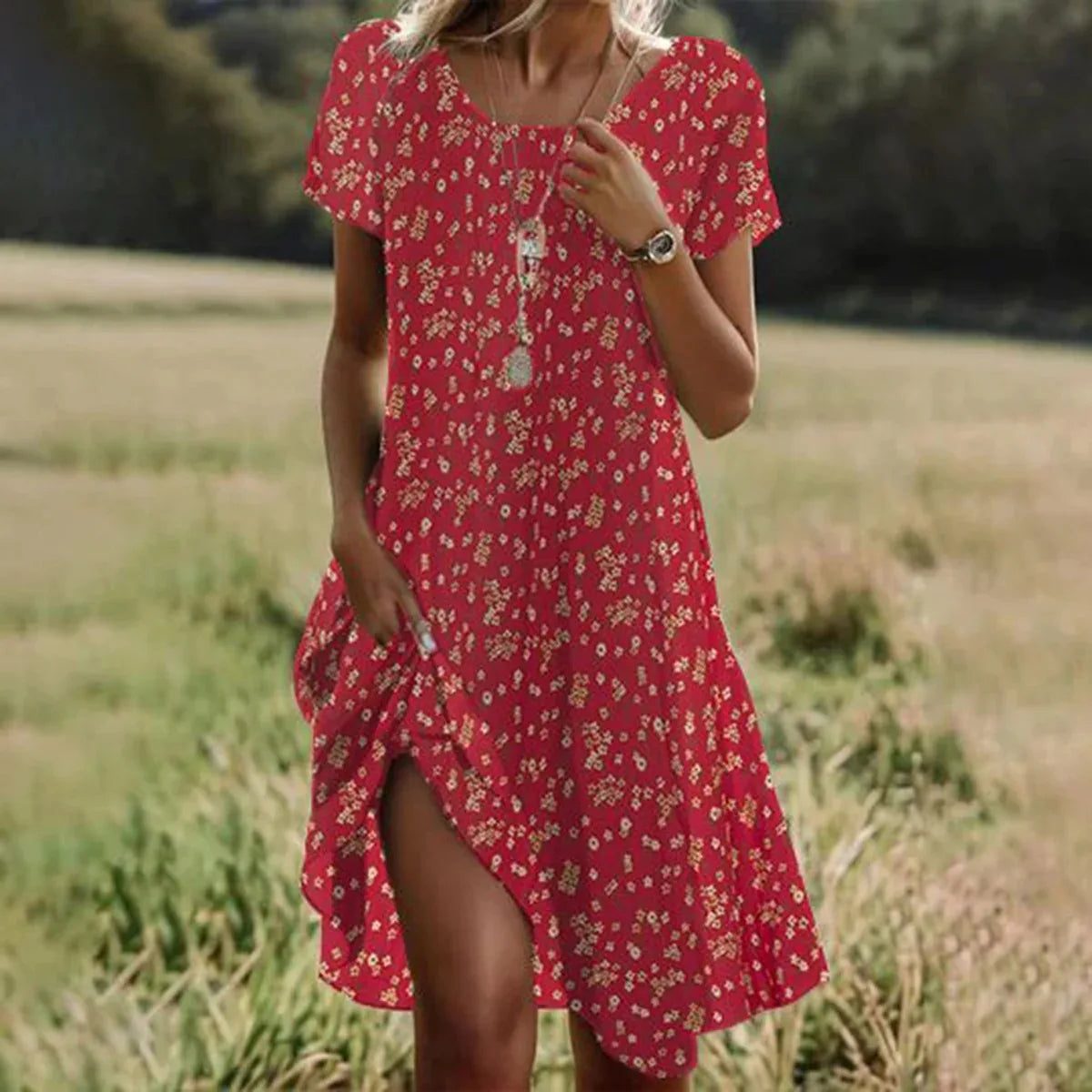 EP | Robes d'été bohème pour femmes Col V Manches courtes Fleur imprimée Plage Vacances Robe Femme Maxi Boho