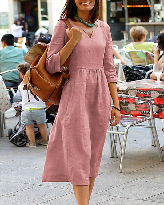 EP | Mélange de lin Robe midi décontractée avec décolleté en V et coupe décontractée