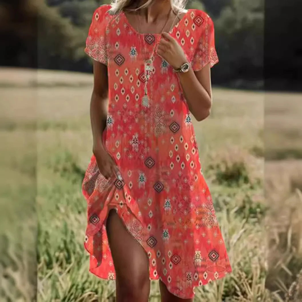 EP | Robes d'été bohème pour femmes Col V Manches courtes Fleur imprimée Plage Vacances Robe Femme Maxi Boho
