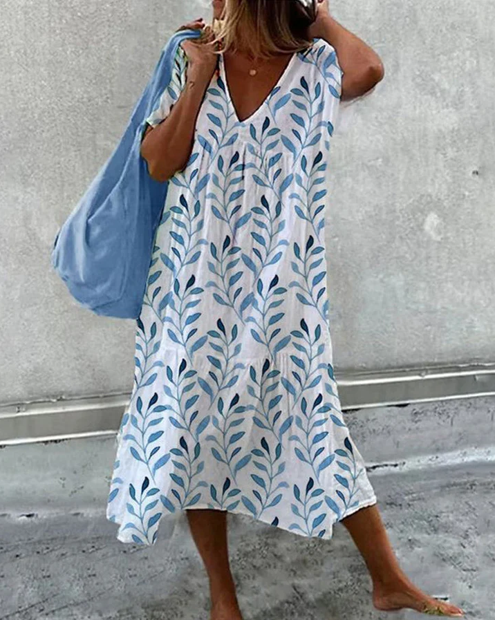 EP | Robe midi boho avec impression de feuilles et coupe fluide