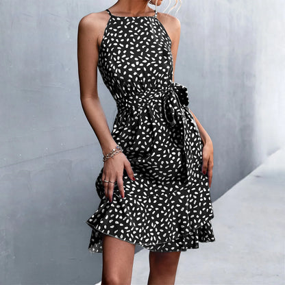 EP | 2024 Boho Floral Print Sling Laçage Robe midi avec ceinture