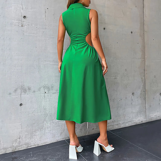 EP | Sexy Décolleté A-Line Col rabattu Sans manches Taille haute Slim Robe Midi