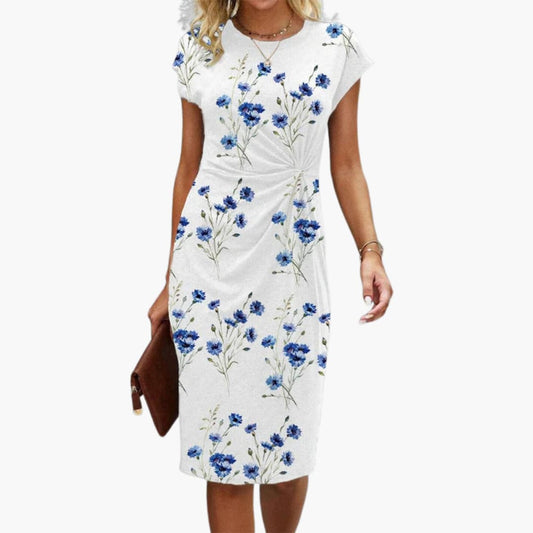 EP | Robe midi fleurie pour femme, col rond, manches courtes