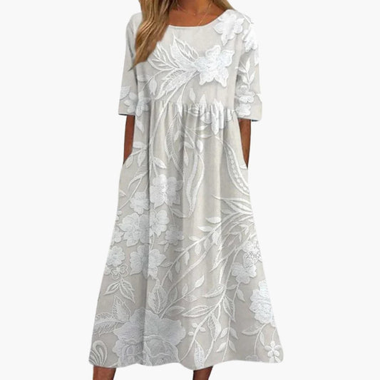 EP | Robe midi pour femme en dentelle florale avec manches courtes et coupe en A-ligne