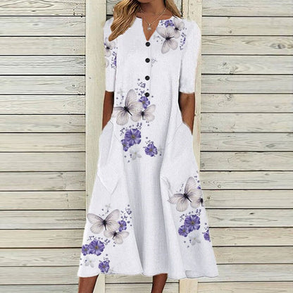 EP | Robe midi pour femme - décolleté en V - boutonnage - manches courtes - imprimé floral papillon - poches