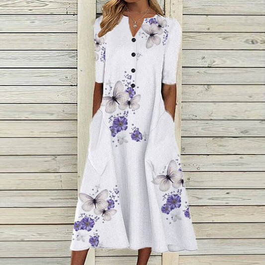 EP | Robe midi pour femme - décolleté en V - boutonnage - manches courtes - imprimé floral papillon - poches