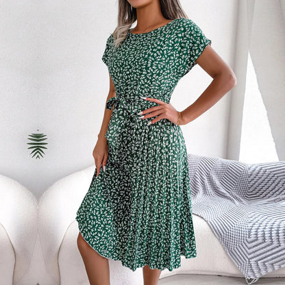 EP | Printemps Court Taille Chic Floral Plissé Une ligne Longue Robe Midi