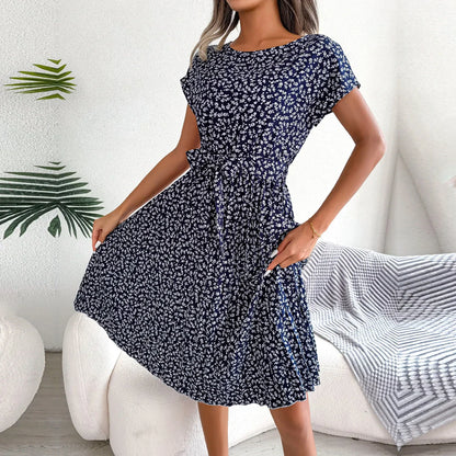 EP | Printemps Court Taille Chic Floral Plissé Une ligne Longue Robe Midi