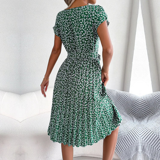 EP | Printemps Court Taille Chic Floral Plissé Une ligne Longue Robe Midi