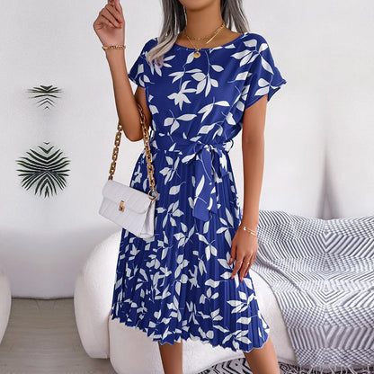 EP | Printemps Court Taille Chic Floral Plissé Une ligne Longue Robe Midi